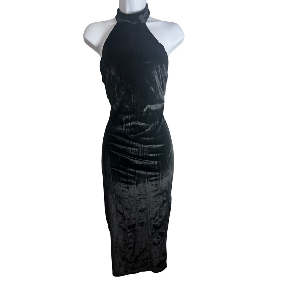 Missguided Black Velvet Halter Neck Backless Bodycon Midi Dress Size 6